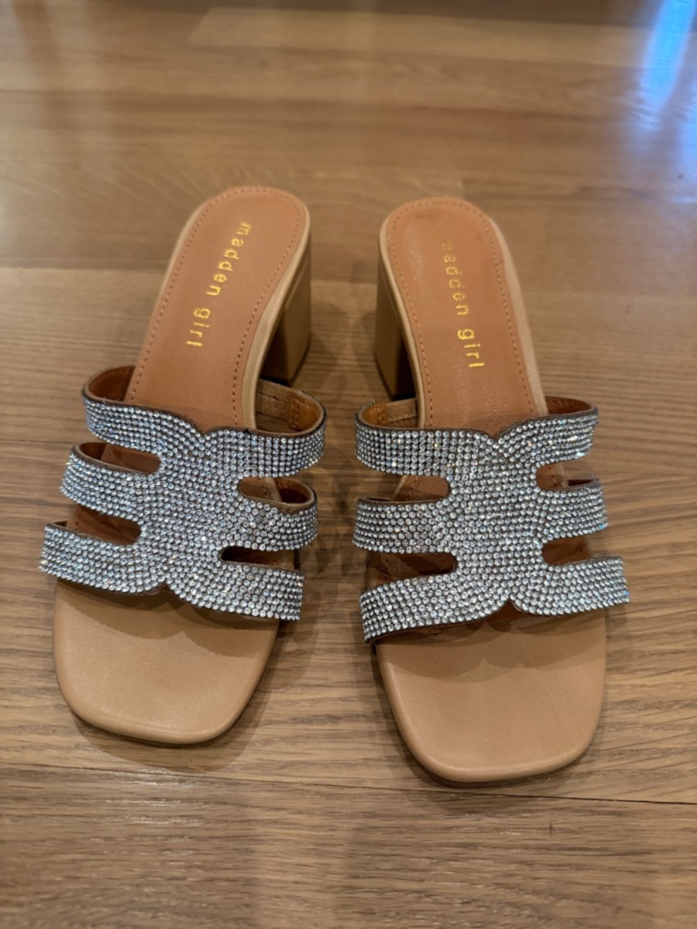Madden Girl Tan Slide Heels with Silver Rhinestone Straps